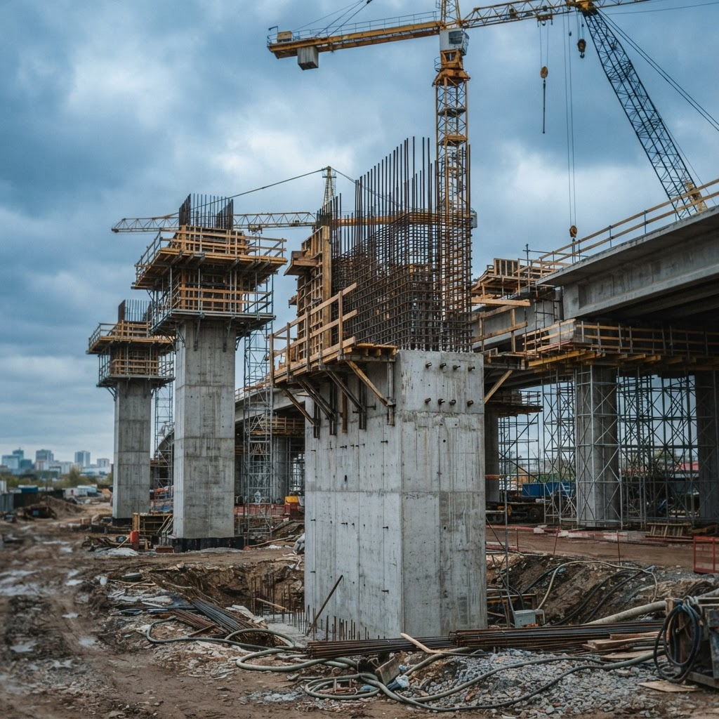 Concrete bridge piers and steel reinforcement under construction on a highway infrastructure project